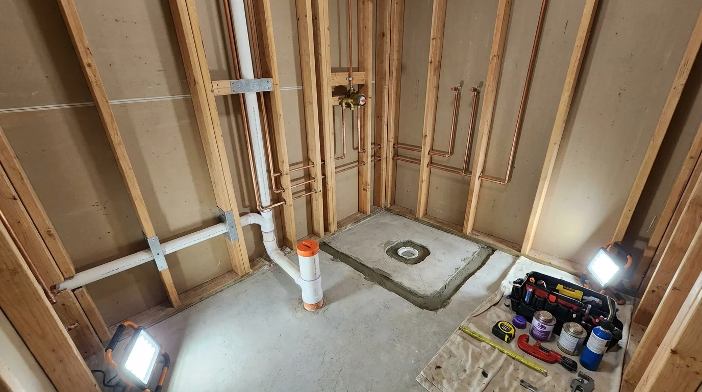 Bathroom rough-in plumbing during remodel by Johns Plumbing LLC in Kent