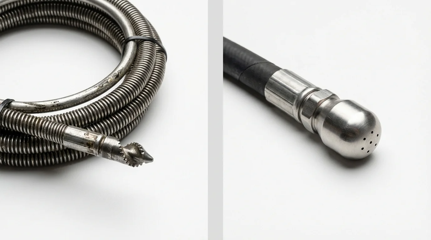 Drain snake cable and hydro jetting nozzle used for drain cleaning in Kent, WA