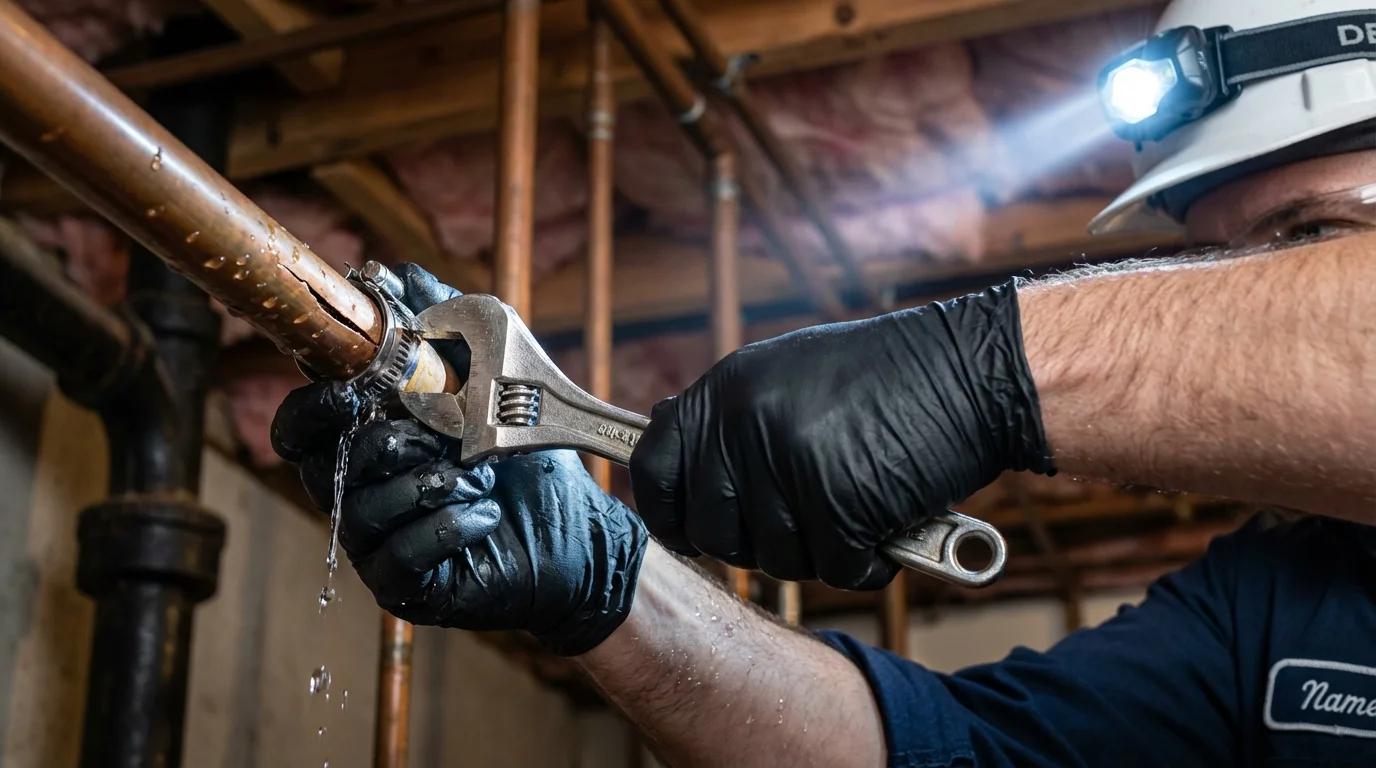 Emergency pipe clamp repair being performed by a Johns Plumbing LLC plumber in Kent