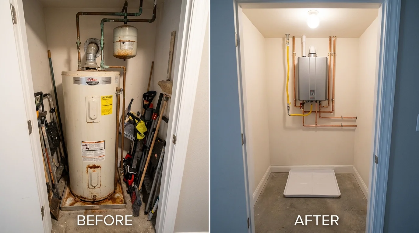 Tank water heater versus wall-mounted tankless unit comparison for Kent, WA homeowners